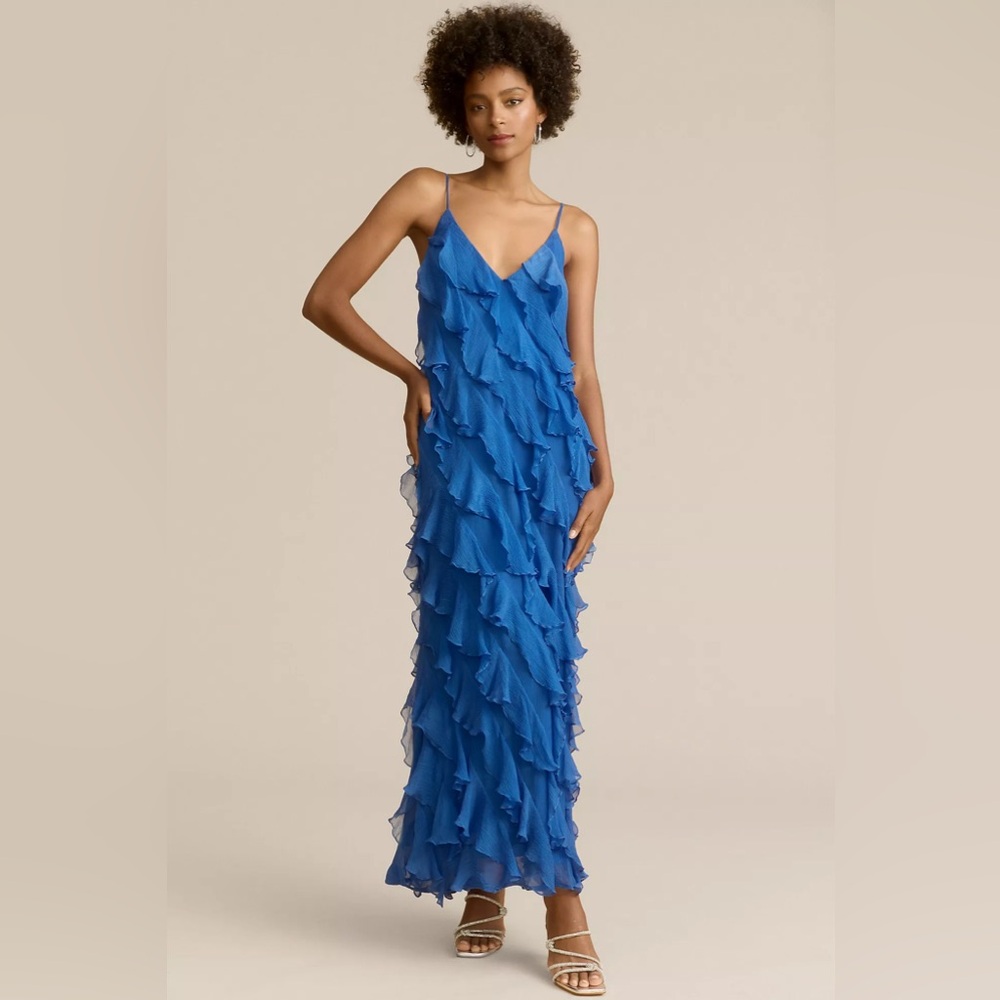 BHLDN Jia Bias-Cut Ruffled V-Neck Gown